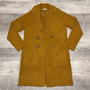 Staccato Open Front Coatigan Long Knit Sweater Womens S Mustard Yellow Pockets